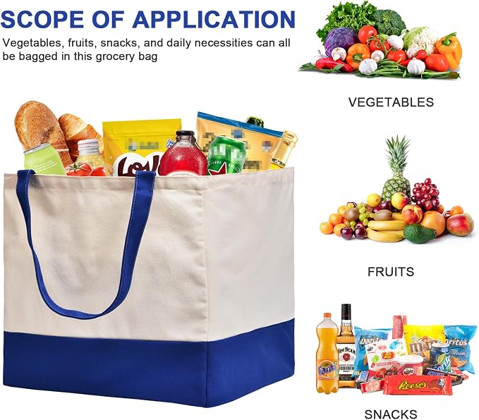 3 Pack Canvas Reusable Grocery Bags Heavy Duty, 8.3 gal Foldable Large Tote Bag with Handles, Holds 60 lbs Canvas Shopping Bags & Washable Eco-friendly Bags with 5 Pockets, Blue+Off White - Image 2