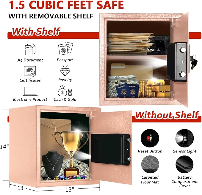 Voncabay Money Safe Box for Home with Digital Keypad, 1.5 Cu. Ft., Khaki | Alloy Steel, 2 Fireproof Bags, Digital Keypad with Display, Removable Shelf, Alarm System, 14 x 13 x 13 In. - Image 2