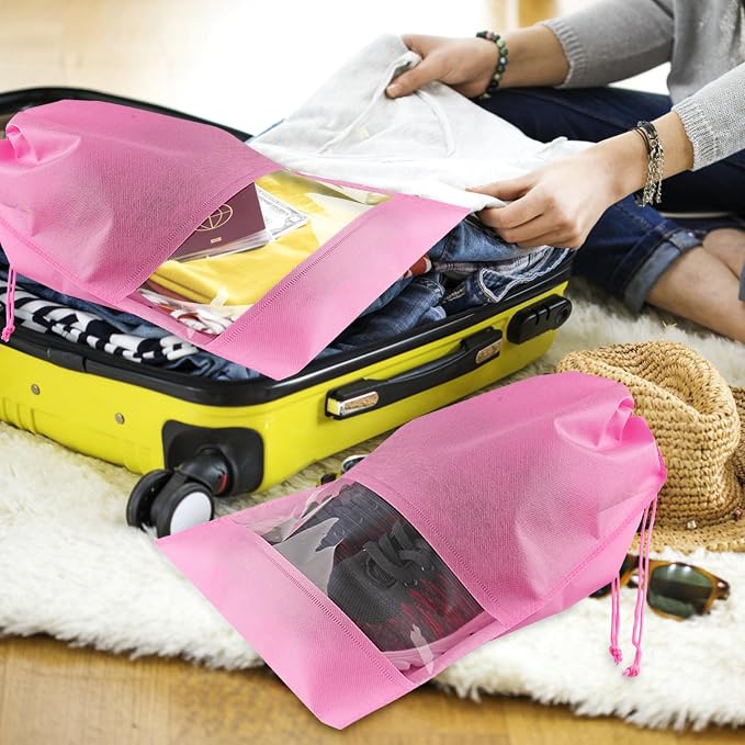 12 Pack Shoe Bags for Travel, Large Travel Shoe Bag for Packing with Window | Dustproof Drawstring Travel Shoe Storage Bags Travel Essentials for Men & Women, Pink - Image 7