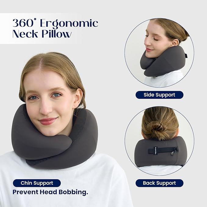 Dream Valley® Neck Travel Pillow, Memory Foam Travel Pillow for Airplane, Portable Roll-Up Neck Pillow with Cooling Inner Fabric, 360° Ergonomic Support, No Head Bobbing, Charcoal Gray - Image 4