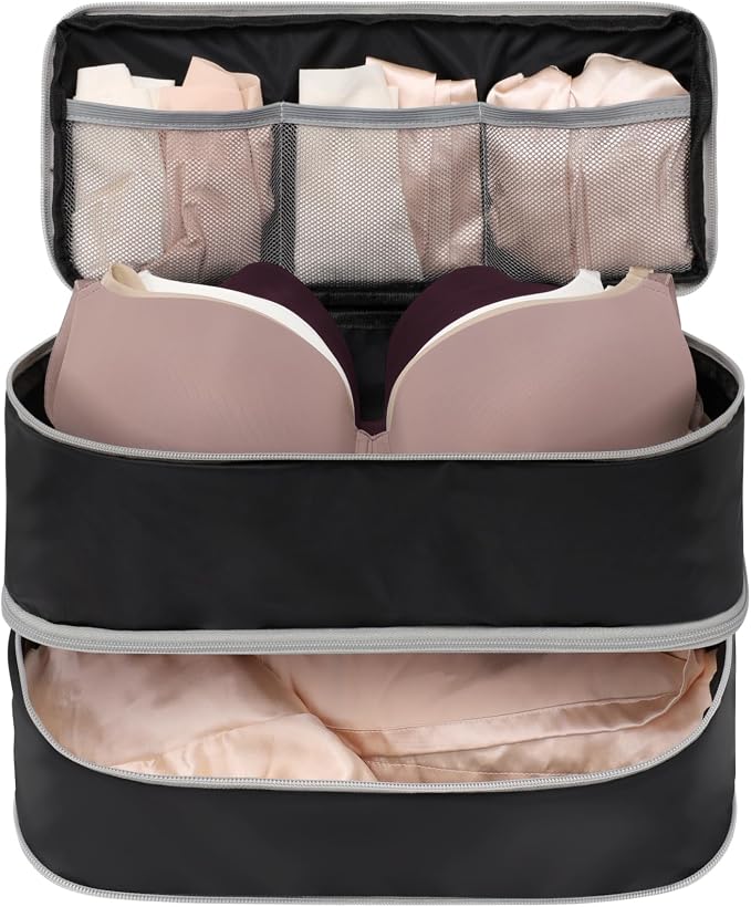 Cambond Travel Underwear Organizer Bag - Bra Organizers for Luggage | Fits A to 36D, 4-in-1 Soft Double Layer, Compression Zip Design, Expandable Compartments Keep Clothes Sorted, Luggage Tidy by Cambond