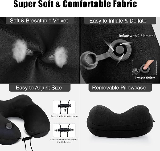 Inflatable Travel Neck Pillow for Airplanes, Super Soft Velvet Neck Support, Adjustable Firmness, Blow Up Plane Pillow for Long Flights, Road Trips, Travel Essentials with Eye Mask, Earplug - Image 4