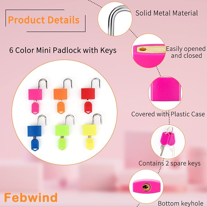 6 Pcs Suitcase Locks with Copper Keys Protect Your Belongings with Febwind's Set of 6 Mini Padlocks Multicolor Durable Locks for Suitcases Backpacks Boxes Cabinet and Laptop Bags - Image 3
