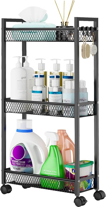 Slim Rolling Storage Cart, Metal 3 Tier Bathroom Storage Organizer Laundry Room Utility Cart for Kitchen, Bthroom, Makeup, Craft, Laundry Narrow Places, Black by YASONIC