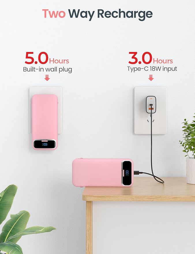 aonidi Portable Charger 12000mAh with Built-in Cables&AC Wall Plug, Pink | PD20W USB C Fast Charging,LED Display External Travel Power Bank,TSA approved Battery Pack for All iPhone,Samsung,Android - Image 7
