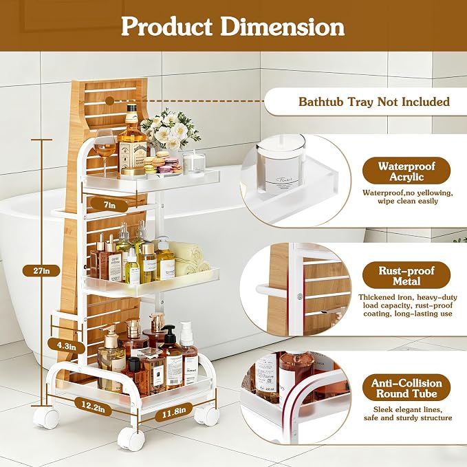 Bathroom Cart with Bathtub Tray Holder, Bathroom Organizers and Storage, Small Slim Shelf Organizer with Bath Tub Caddy Rack, 3 Tier Narrow Skinny Acrylic Rolling Cart for Laundry Room Living Room - Image 3