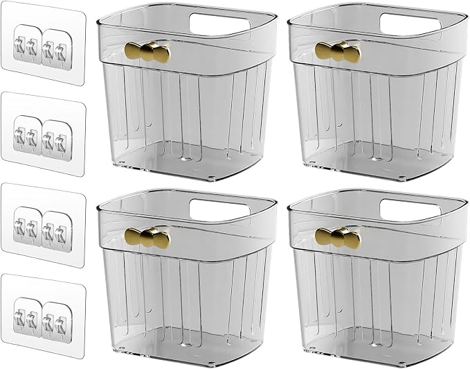 4 Pack Adhesive Cabinet Door Organizer, Compact Pantry Organizers and Storage Bins, Clear Bathroom Storage Organizer Shelf for Narrow Space, Wall Mounted Shower Caddy Hanging Sink Caddy by Veefos