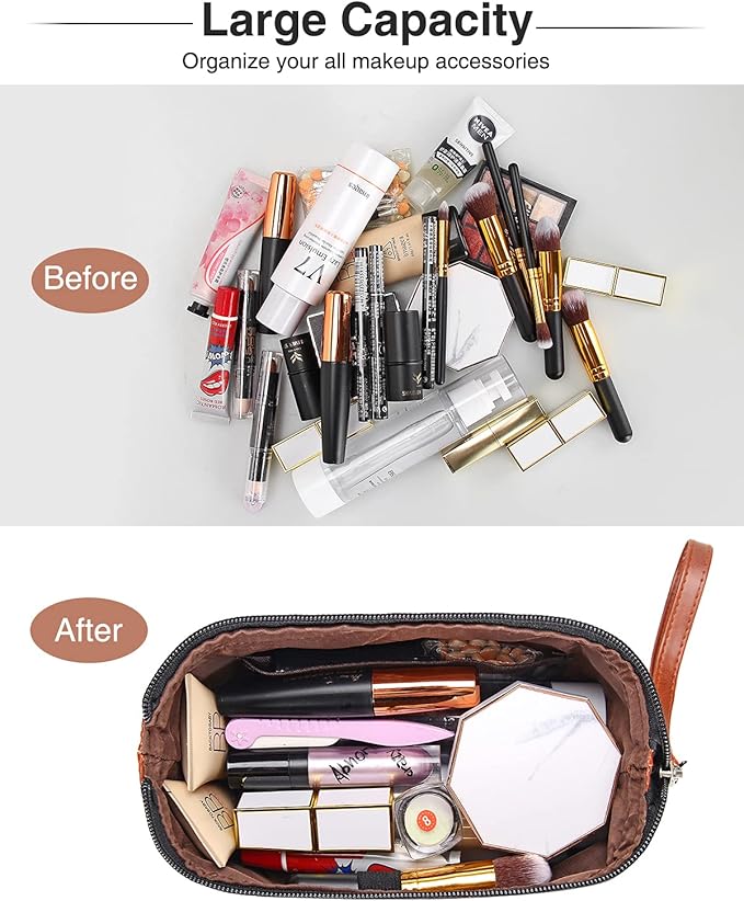 Relavel Travel Makeup Bag, Cosmetic Bag with Multiple Function | Zipper Pouch for Purse Large Capacity Toiletry Bag Portable Waterproof Travel Accessories Skincare Make Up Bag, Brown - Image 6