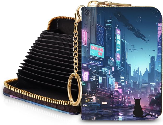 Blusabaca RFID Credit Card Holder Small Women Travel Wallet, Cyberpunk Art | Removable Keychain, Case with Zipper, Vegan PU Leather, Cash Coin Pocket, Business Accordion Purse, Ladies Female Gift by Blusabaca