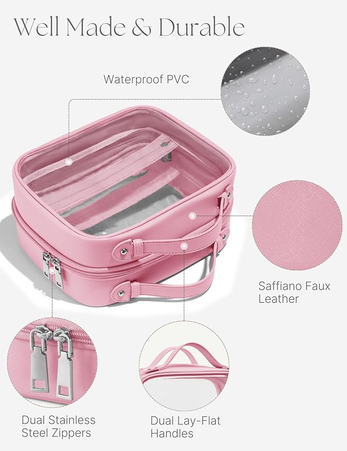 Clear Cosmetic Bag Double Layer Travel Toiletry Bag Clear Makeup Bag Case with 4 Compartments, Transparent Travel Bag for Toiletries, Large Toiletry Bag for Women Cosmetic Case (Pink, Large) - Image 7
