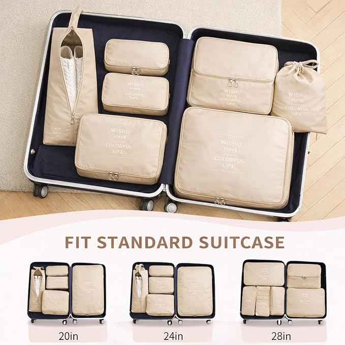 7 Set Packing Cubes For Travel | Luggage Organizer Bags With Shoe, Laundry Bag, Accessory Pouch And Lingerie Bag | Durable And Space Saving Suitcase Organizer For Travel Essentials | Beige - Image 3