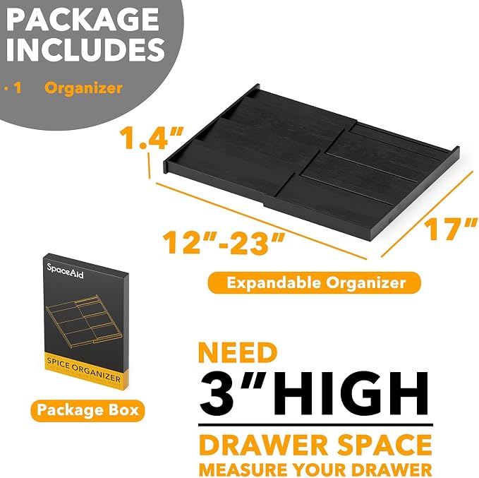 SpaceAid Bamboo Black Spice Drawer Organizer, (Need 3" Deep Drawer) Expandable 4 Tier Spices Rack for Cabinet, Kitchen Seasoning Storage Insert (Jars Not Included, From 12" to 23" Wide) - Image 5