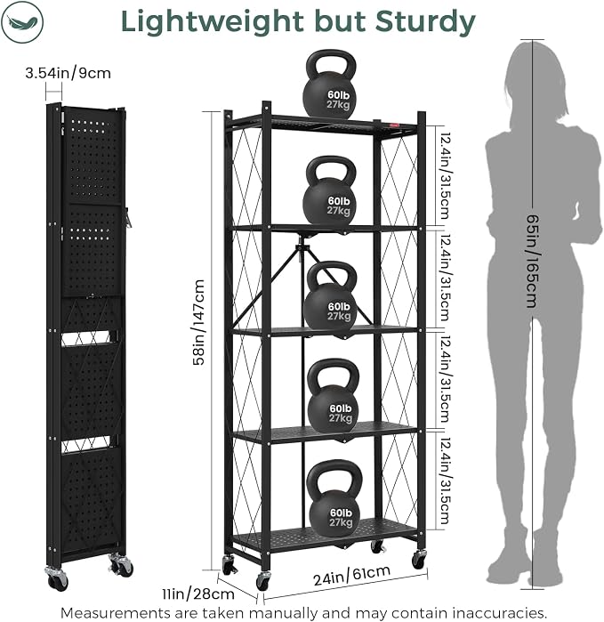 DEANIC 5-Shelf Folding Bookcase with Wheels, Heavy Duty Storage Shelves, Freestanding Metal Wire Shelving Unit for Living Room, Office, Kitchen, Basement, Pantry(Black 2 Pack) - Image 3