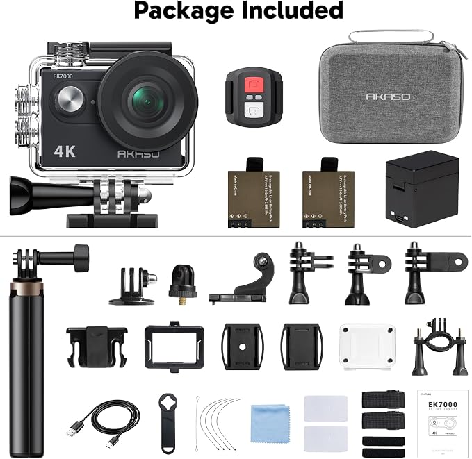 AKASO EK7000 4K30fps Action Camera with Mini Selfie Stick Tripod and Carrying Case Bundle EIS 131ft Waterproof Camera 4X Zoom Remote Control 20 MP Underwater Camera - Image 9