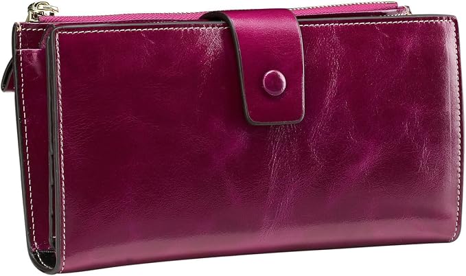Itslife Womens Wallet RFID Blocking Large Capacity Luxury Wax Genuine Leather Wallets Clutch Wallet Ladies Card holder, Fuchsia - Image 3