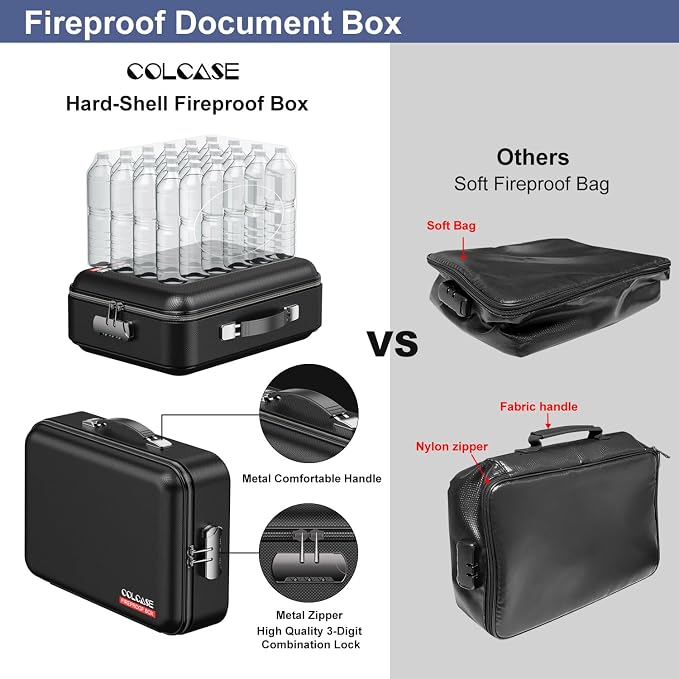 Fireproof Document Box with Lock, Hard Fireproof Document Organizer | Hard-Shell Fireproof Waterproof Documennt Box with Combination Lock Black - Image 3