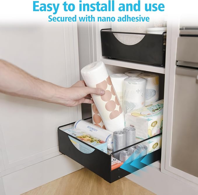 Under Sink Pull Out Organizer, Single-Tier Metal Drawer Slide Out Storage Shelf, No-Drill Nano Adhesive Installation, Fits 16"+ Deep Cabinets for Kitchen Bathroom Pantry Storage - Image 6