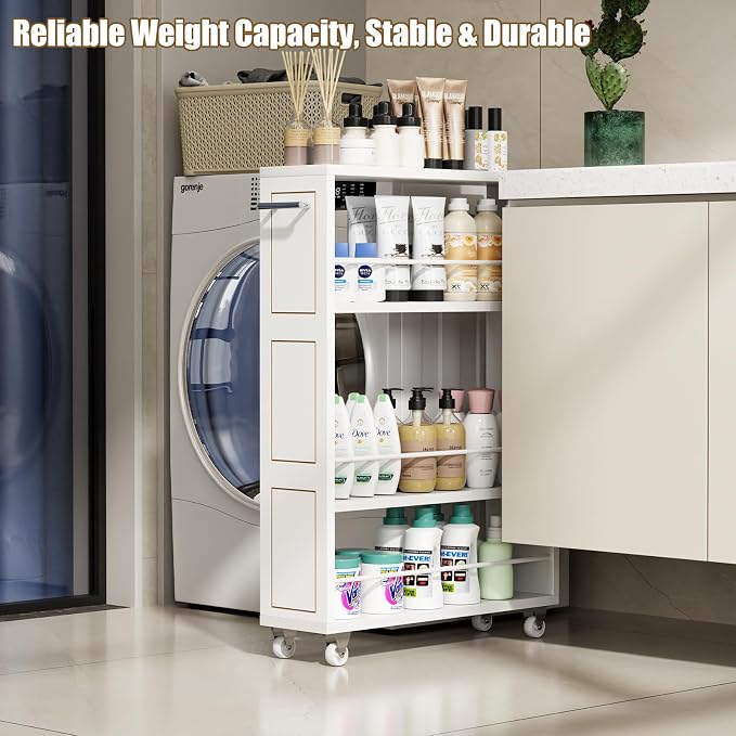 KLM 4 Tier White Slim Storage Cart with Handle, Slide Out Storage Rolling Utility Cart for Kitchen, Laundry, Narrow Places-6.7" W - Image 3