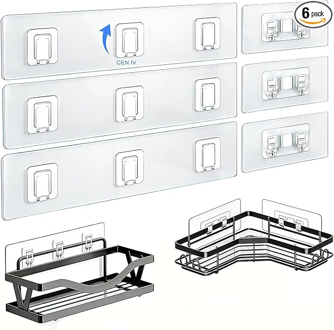 Shower Caddy Adhesive Replacement Hooks, Heavy Duty Waterproof Strips, No Drilling for Bathroom Shelves, Kitchen Racks, and Soap Holders (Transparent-6 Pack 1&3 Hook) by Unknown