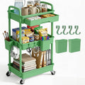 3 Tier Rolling Utility Cart with Drawer, Plastic Storage Organizer Rolling Carts with Wheels Handles Hanging Cups Hooks for Office, Bathroom, Kitchen,Craft Art Room (Green) by LLMRR