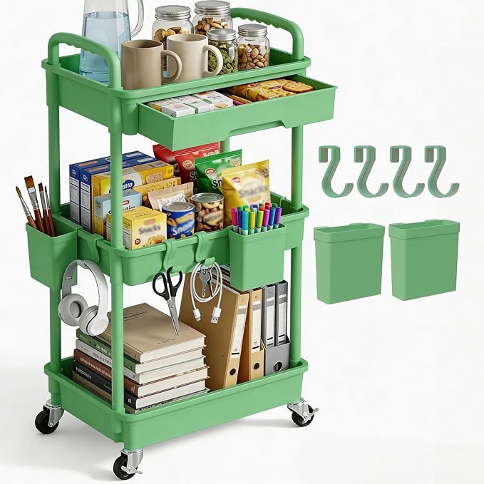 3 Tier Rolling Utility Cart with Drawer, Plastic Storage Organizer Rolling Carts with Wheels Handles Hanging Cups Hooks for Office, Bathroom, Kitchen,Craft Art Room (Green) by LLMRR