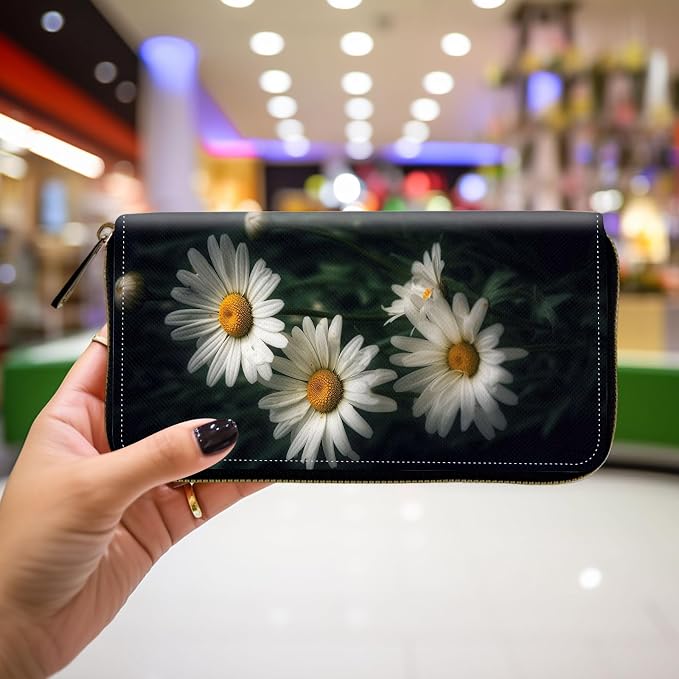 Wallet,Leather Long Wallet Suitable For Ladies And Teenagers - Detachable Wristband + RFID Travel Wallet With Card Slot - White and Yellow Daisy Flowers - Image 4