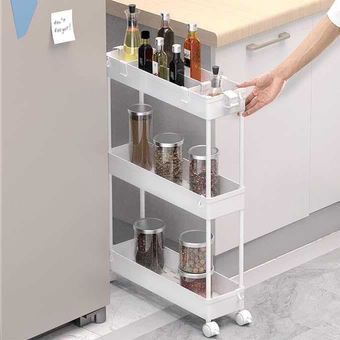 2-piece Set Slim Storage Cart 3 Tier,Bathroom Organizer Rolling Utility,Mobile Shelving Unit Slide Out for Office, Kitchen, Laundry Room & Narrow Places - Image 3