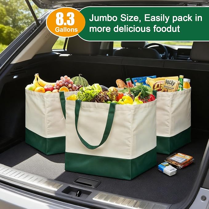 3 Pcs Reusable Grocery Bags - Heavy Duty Canvas Bag, 8.3 gal Foldable Large Canvas Tote Bag with Handles, Holds 60 lbs Tote Shopping Bags,100% Cotton（Retro Green） - Image 4
