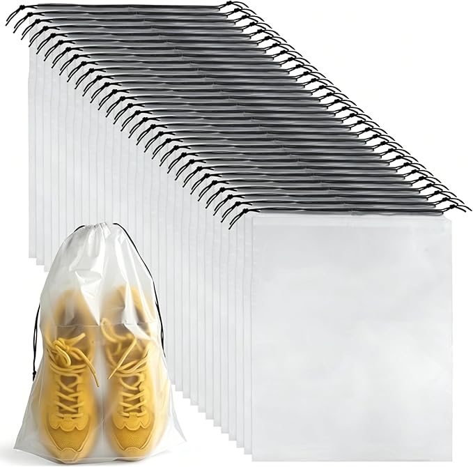 32 Pcs Shoe Bags for Travel，PLULON 15.7" x 11.8" Clear Drawstring Storage Plastic Bags Shoes Organizer for Packing Waterproof Dustproof Women Men Portable Travel Essentials by PLULON
