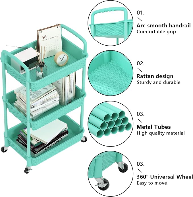 MOYIPIN 3-Tier Plastic Rolling Utility Cart with Handle,Turquoise | Utility Storage Cart for Office, Living Room, Kitchen,Movable Storage Organizer，Easy installation，Rattan-like art design - Image 5
