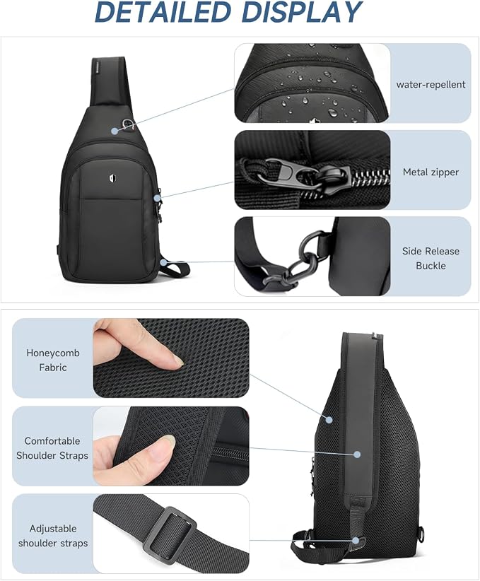 Sling Bag for Men, Anti Theft Crossbody Bag with Lockable Zipper, Water Resistant Chest Bag Fits 11” iPad & Switch 2, Lightweight Sling Backpack for Travel, Work & Commuting - Image 5