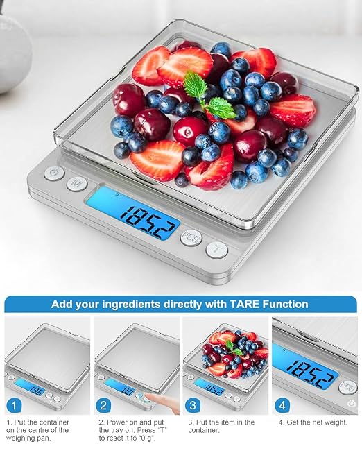 AMIR Digital Kitchen Scale, 3000g 0.01oz/ 0.1g Pocket Coffee Scale, Mini Food Scale, Pro Electronic Jewelry Scale with Back-Lit LCD Display, Tare & PCS Functions, Stainless Steel, Batteries Included - Image 5