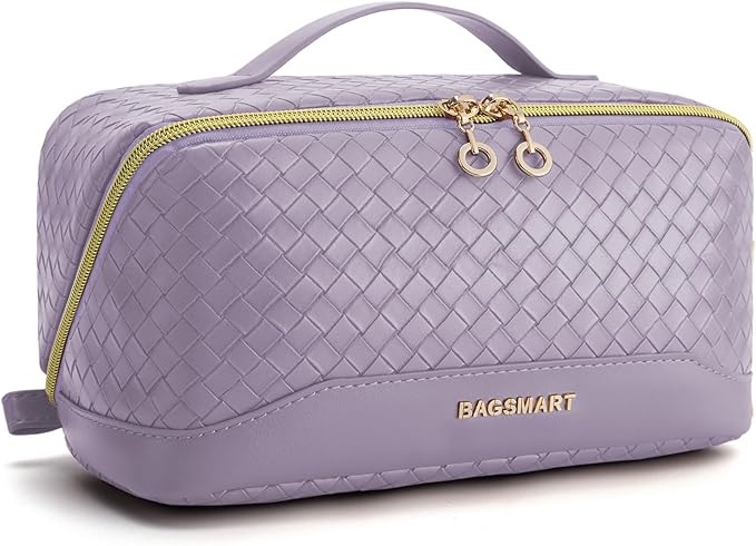 BAGSMART Makeup Bag, Travel Cosmetic Bag Organizer, PU Leather Water-Resistant Pouch, Open Flat Makeup Storage for Toiletries, Brushes, PU Leather Purple by BAGSMART
