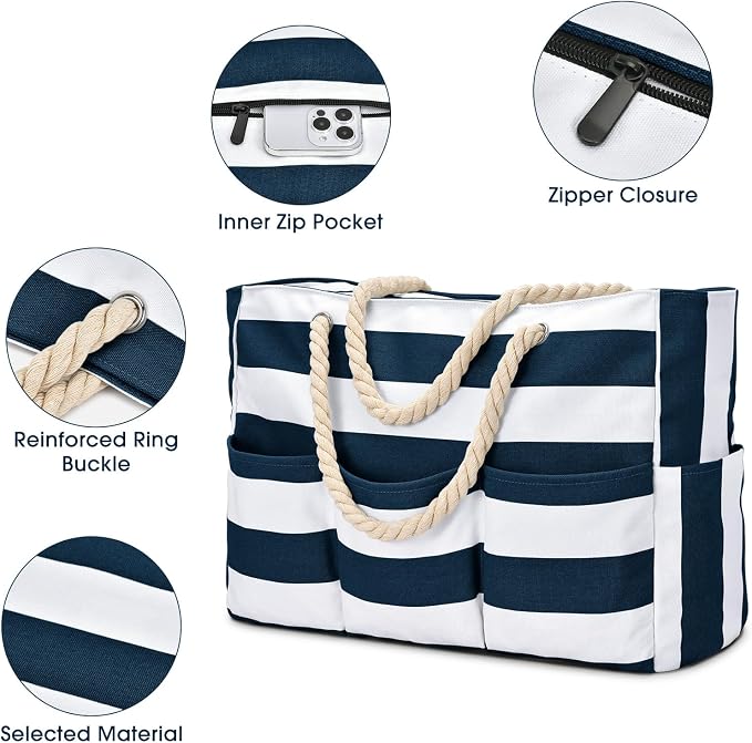 Becokan Beach Bags for Women Canvas Large Beach Tote Bag Zipper Waterproof Sandproof Foldable Swim Pool Bag with 7 Pockets - Image 4