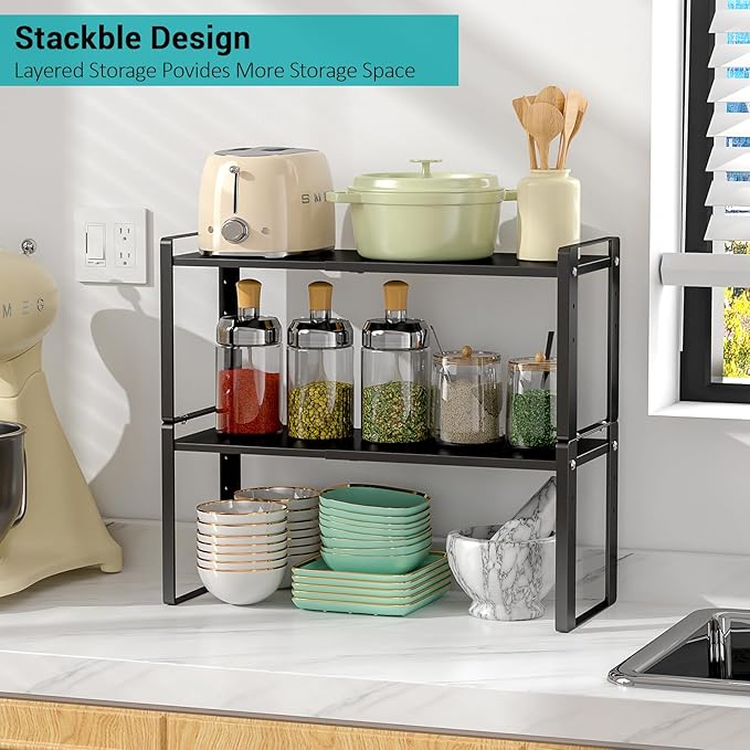 2 Pack Expandable Cabinet Organizer Shelves, 88lbs High Weight Capacity, Stackable Heavy-Duty Metal Storage Rack, Adjustable Cabinet Shelf for Kitchen, Pantry, Cupboard, Under Sink, Black - Image 7
