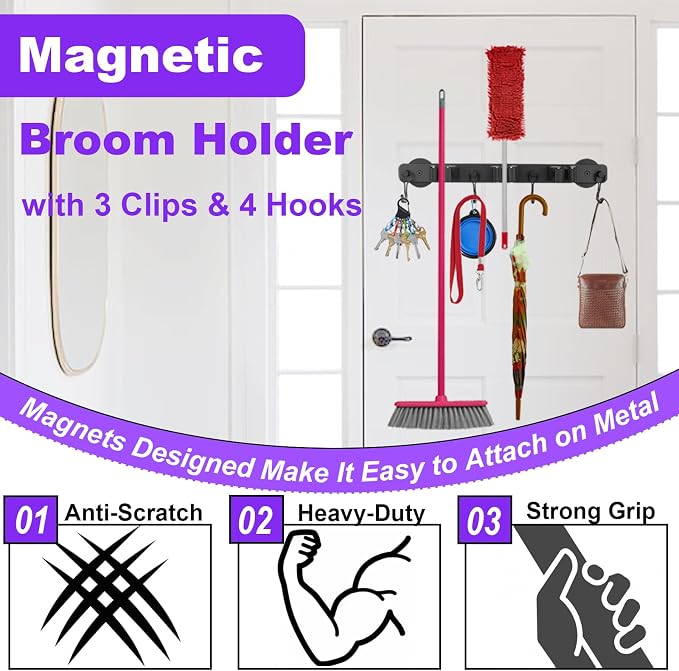 Heavy Duty Magnetic Mop Broom Holder with Swivel Hooks | Strong Magnet Mount Tool Hanger Organize System Utility Rack for Refrigerators Laundry Garage Kitchen - Image 4