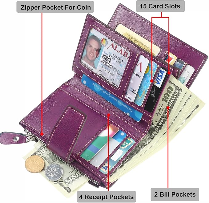 Small Compact Women Wallet RFID Blocking Genuine Leather Bifold Purse with ID Windows - Image 4