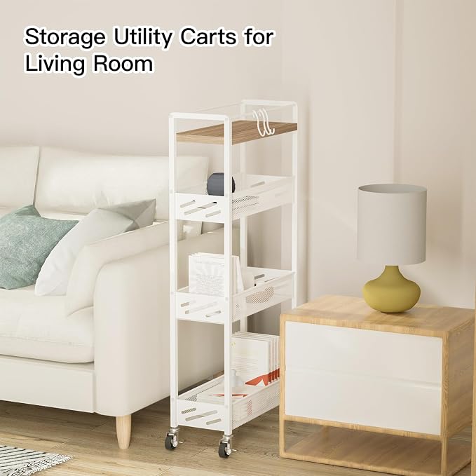 DGSNADGO Slim Rolling Storage Cart, 4-Tier Narrow Kitchen Cart with Wheels | Metal Mobile Snack Shelving, Skinny Rolling Spice Rack for Small Space in Kitchen, Living Room, Bathroom, Beige and White - Image 7
