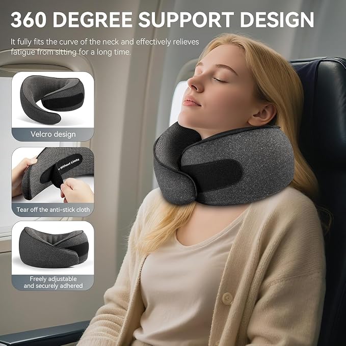 SZXYX Travel Pillows - 100% Pure Memory Foam Neck Pillow for Airplanes, Comfortable Breathable Cover, 360° Support Stowable Pillows for Sleeping, Car, Airport Travel Essentials, Pigeon Grey - Image 2