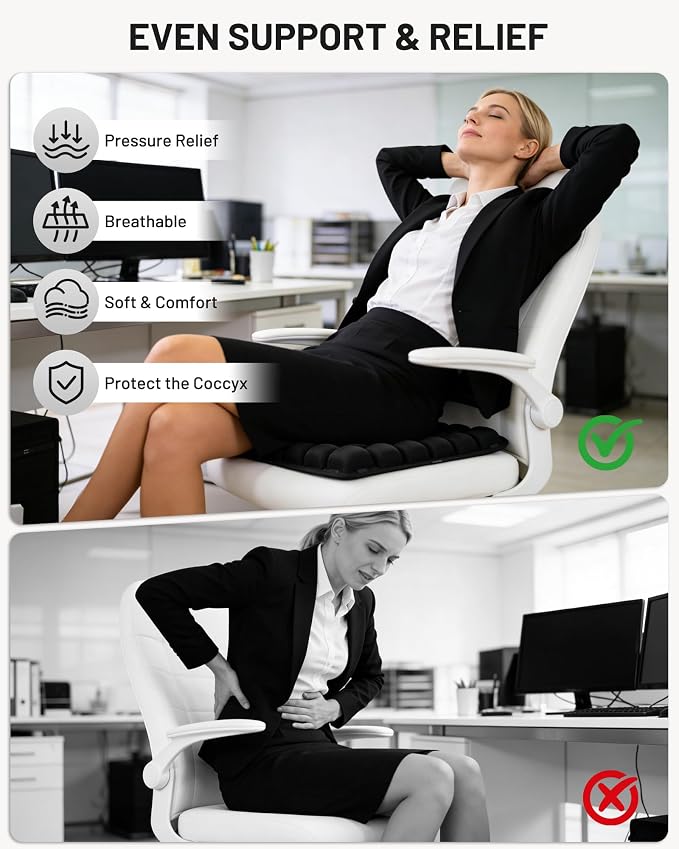 Inflatable Seat Cushion for Office, Travel, Car & Wheelchair - Inflating Air Cushion Seat, Portable Comfort Seat Cushions for Airplane, Stadium, Chair - Ergonomic Support for Long Sitting (Black) | Inflating Air Cushion Seat, Portable Comfort Seat Cush... - Image 2