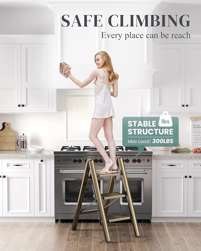 3 Step Ladder, Foldable Aluminum Step Stool with Anti-Slip Pedal | Lightweight yet Sturdy, Portable, Non Slip Feet, 300Lbs Capacity, Elegant Look, for Kitchen, Closet, Pantry, Champagne Gold - Image 5