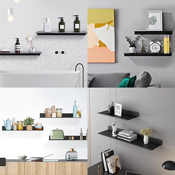 HNVNER Adhesive Bathroom Shelves 2 Pack, Black Floating Wall Shelf 40cm | Metal Shower Caddy, Aerospace Aluminum, Renter-friendly, Rustproof & Waterproof, Drill/No Drill, Supports 5kg - Image 7