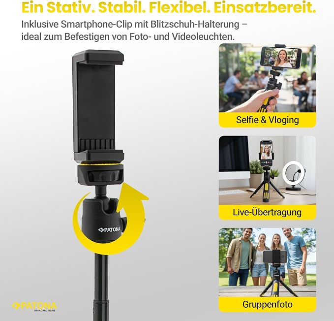 PATONA Tripod for Camera & Smartphone (30cm) | Phone Tripod for iPhone | Tripod for Android, Compact Travel Stand with Clip, Adjustable Stand for Vlogging & Video Recording, Plastic & Aluminum - Image 2