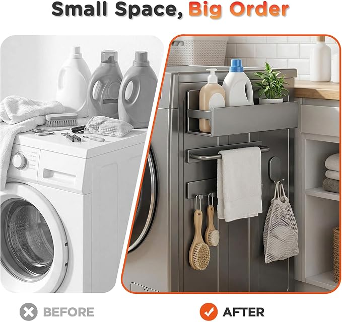 4 Pack Magnetic shelf with Hooks, No Drill for Kitchen & Laundry Organizer | 4-Piece Fridge Side Storage Solution with Basket, Hooks & Rack, Space Saving Organizer for Apartments - Image 5