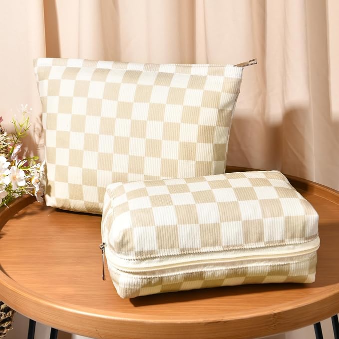 SOIDRAM 2 Pcs Checkered Makeup Bag Large Cosmetic Bag Toiletry Bag Makeup Pouch Travel Bag Organizer Cute Makeup Brushes Aesthetic Accessories Storage Bag for Women Brown Checkered - Image 2