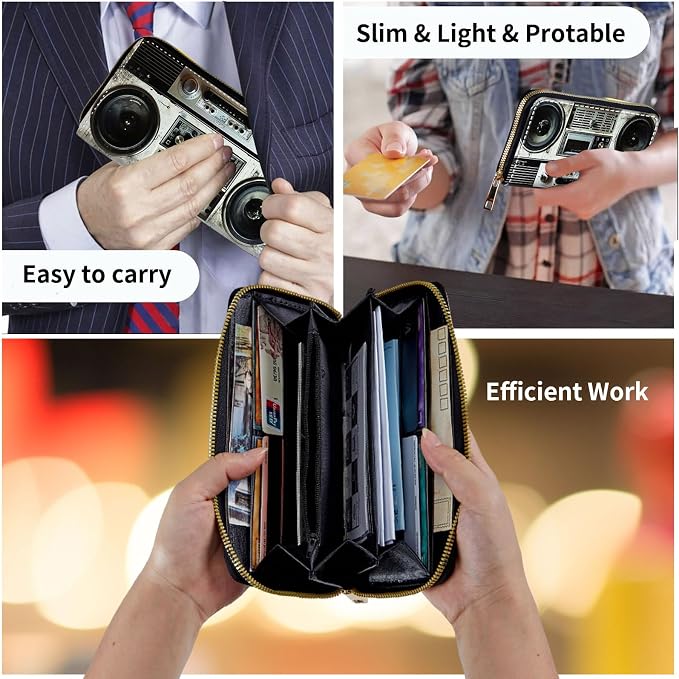 Wallet,Leather Long Wallet Suitable For Ladies And Teenagers - Detachable Wristband + RFID Travel Wallet With Card Slot - Retro Boombox - Image 7