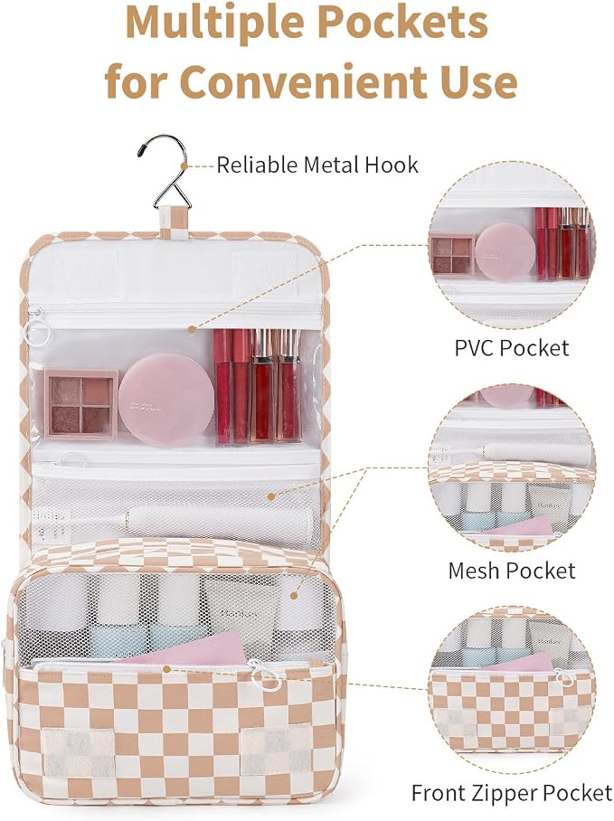 Narwey Small Hanging Travel Toiletry Bag for Traveling Women, Checkered Travel Bag for Toiletries, Makeup Bag Organizer Make Up Cosmetic Bags, Gifts for Kids Teen Girls (Light Brown Checkerboard) - Image 3