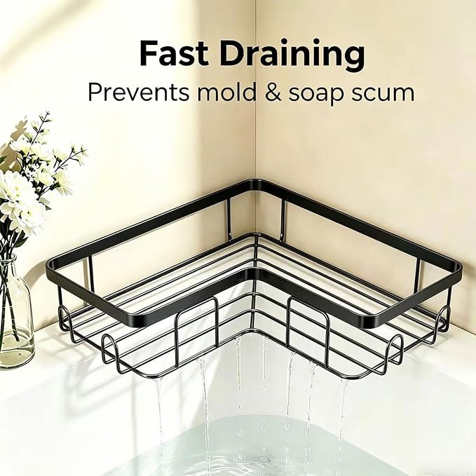 Shower Caddy 2 Pack, No Drilling Adhesive Bathroom Organizer Shelf Rack, Corner Shower Shelf with Hooks for Home Decor & Storage - Image 5