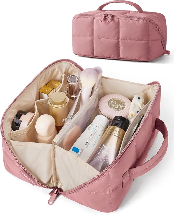 BAGSMART Structured Travel Makeup Bag, Wide Open Toiletry Organizer | 9.84 * 5.12 * 5.12" opens flat to 10.24"W, water-repellent,leak-proof PVC & brush slots, fits full-size makeup, TSA-friendly by BAGSMART