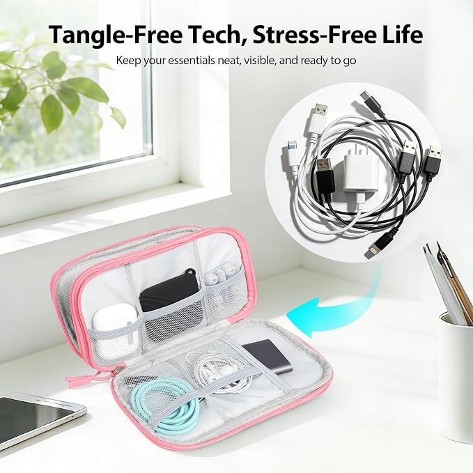 Travel Electronics Organizer, Double Layer Tech Pouch, Pink | Water-resistant Oxford fabric with padded lining. 8 compartments hold chargers and 3ft+ cords. Includes 8 cable ties. - Image 5